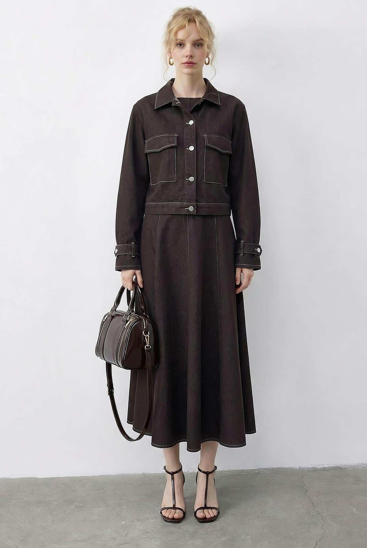 Women's Denim Dress Jacket Suit with Contrast Stitch Detail 9401 60286043 - Brown