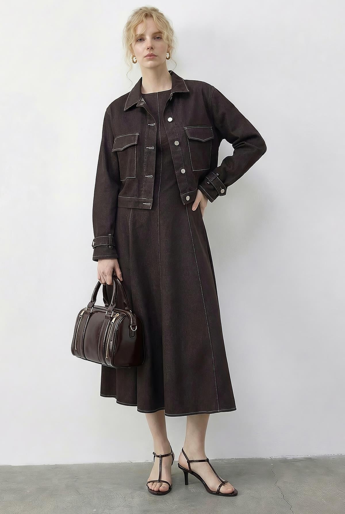 Women's Denim Dress Jacket Suit with Contrast Stitch Detail 9401 60286043 - Brown