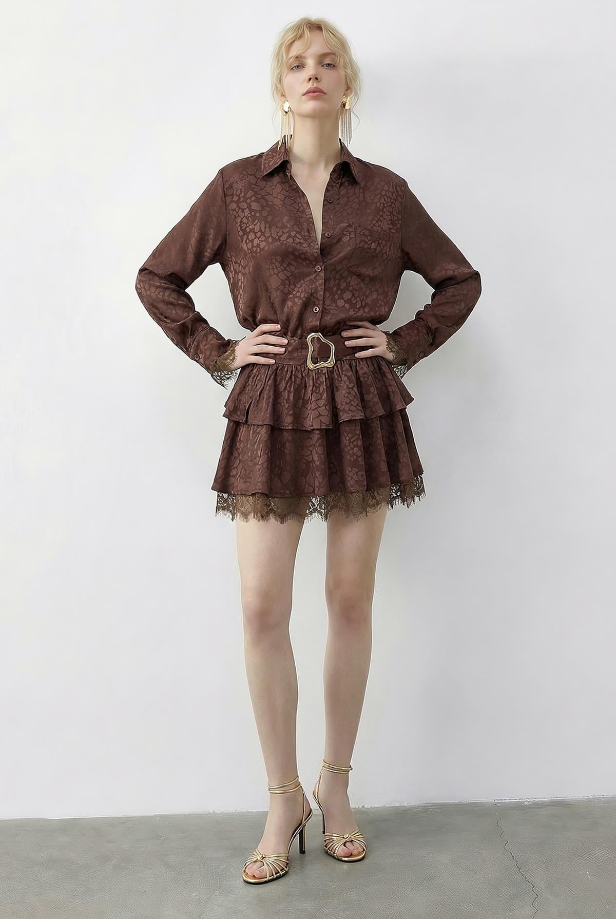 Women's Leopard Print Satin Textured Lace Detail Belted Ruffled Dress 7575 60286038 - Brown