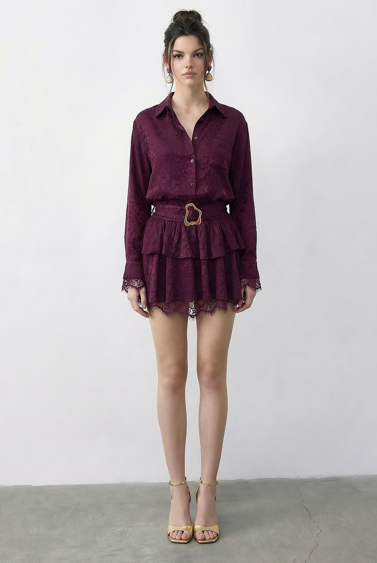 Women's Leopard Print Satin Textured Lace Detail Belted Ruffled Dress 7575 60286038 - Plum