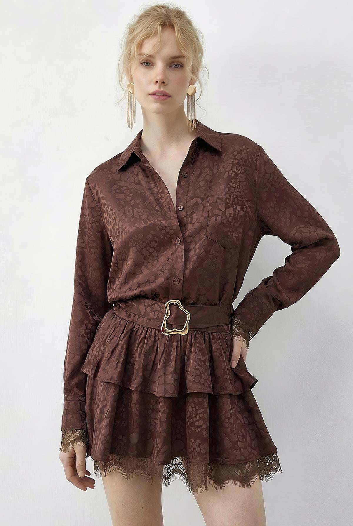 Women's Leopard Print Satin Textured Lace Detail Belted Ruffled Dress 7575 60286038 - Brown