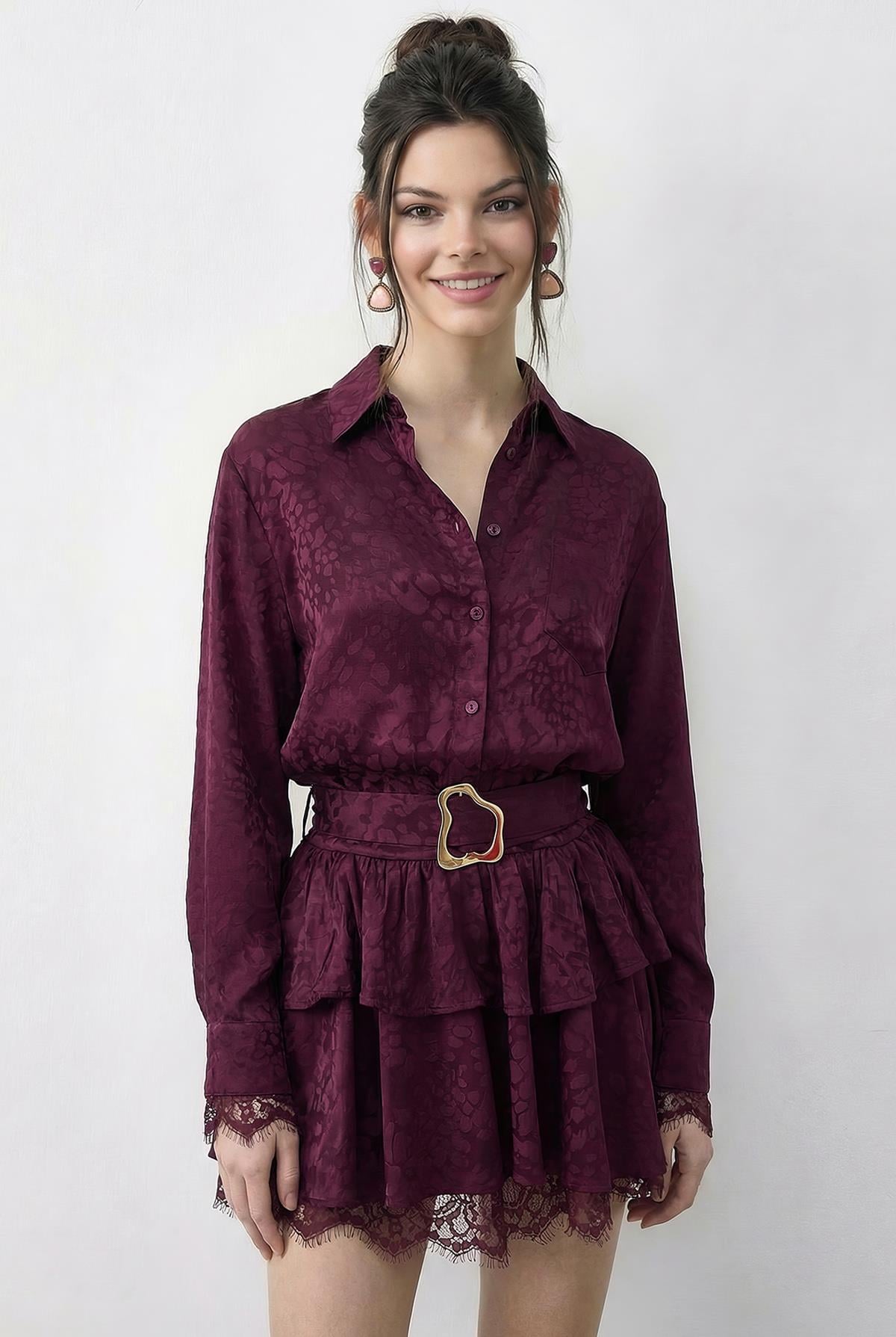 Women's Leopard Print Satin Textured Lace Detail Belted Ruffled Dress 7575 60286038 - Plum