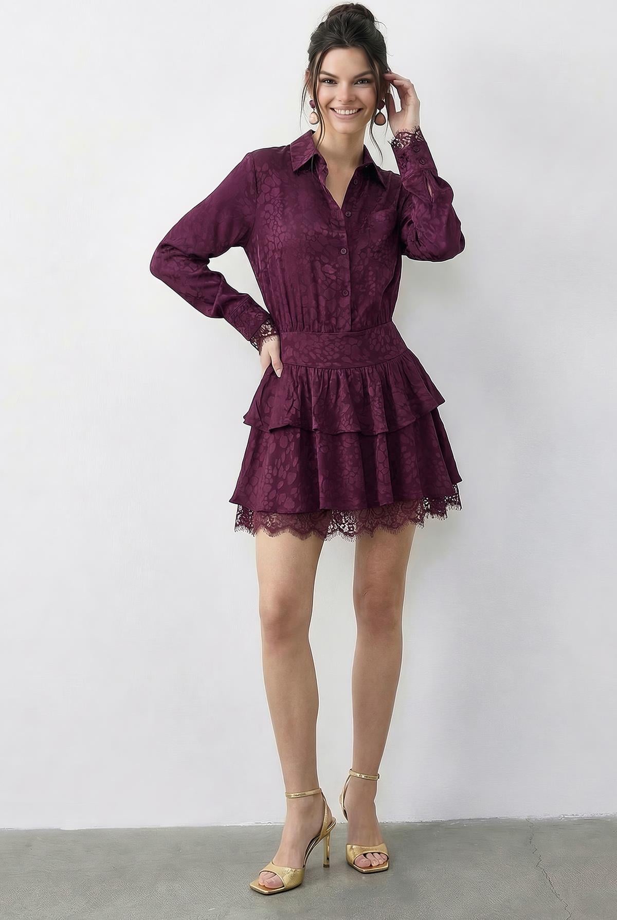 Women's Leopard Print Satin Textured Lace Detail Belted Ruffled Dress 7575 60286038 - Plum