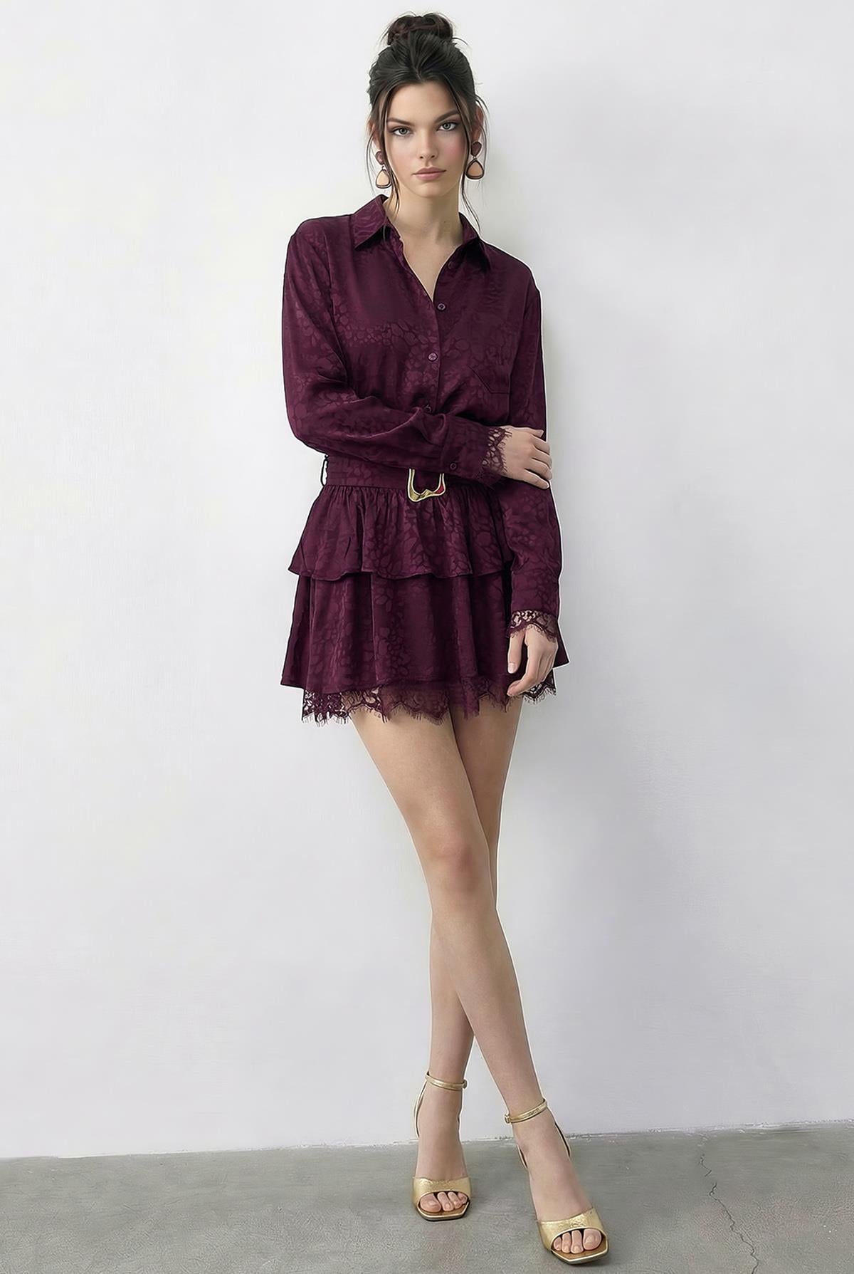 Women's Leopard Print Satin Textured Lace Detail Belted Ruffled Dress 7575 60286038 - Plum