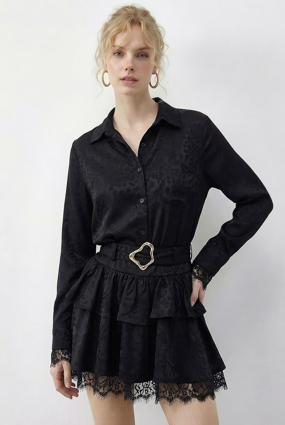 Women's Leopard Print Satin Textured Lace Detail Belted Ruffled Dress 7575 60286038 - Black