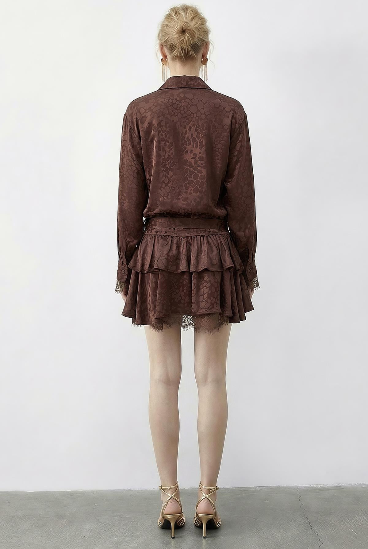 Women's Leopard Print Satin Textured Lace Detail Belted Ruffled Dress 7575 60286038 - Brown