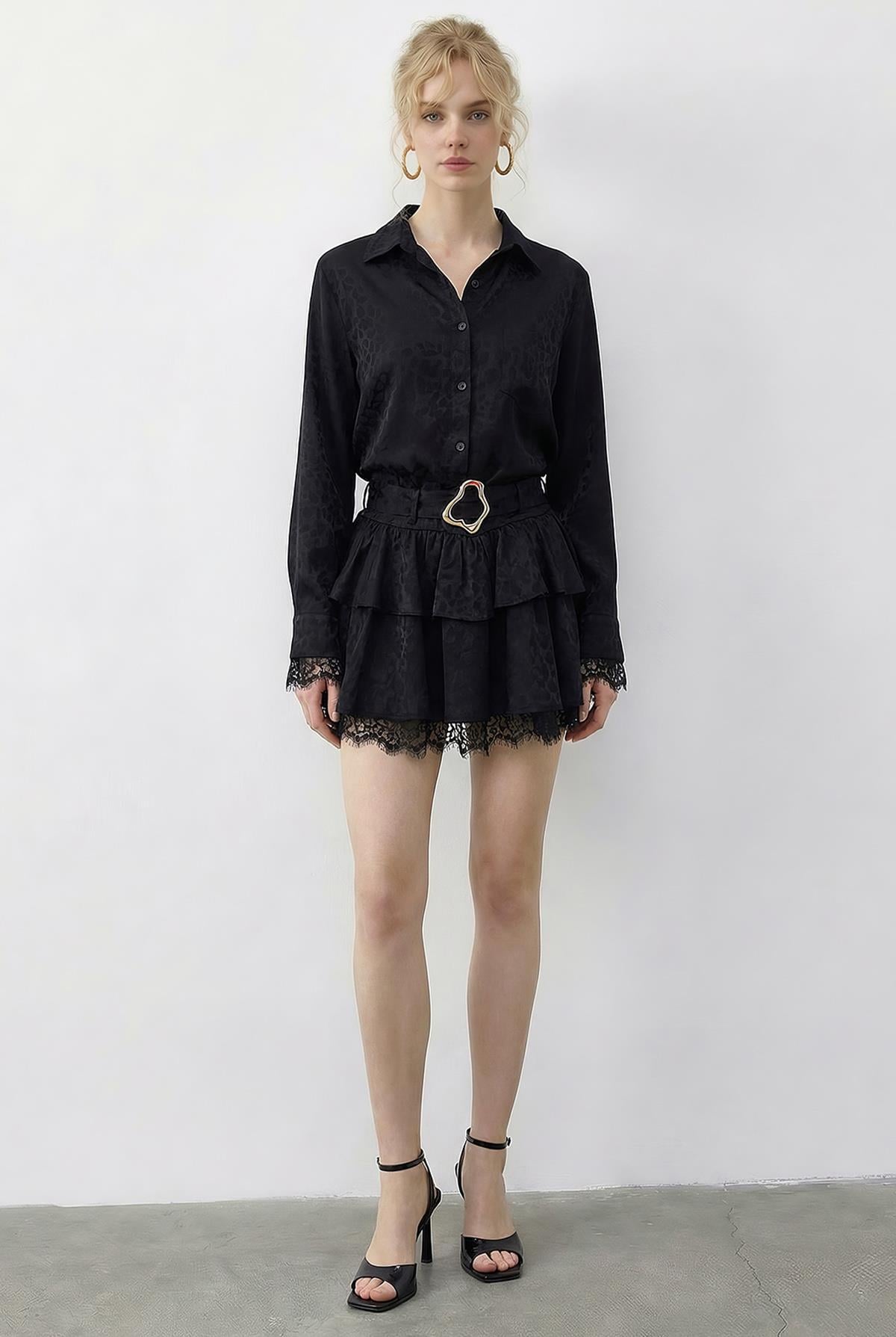 Women's Leopard Print Satin Textured Lace Detail Belted Ruffled Dress 7575 60286038 - Black