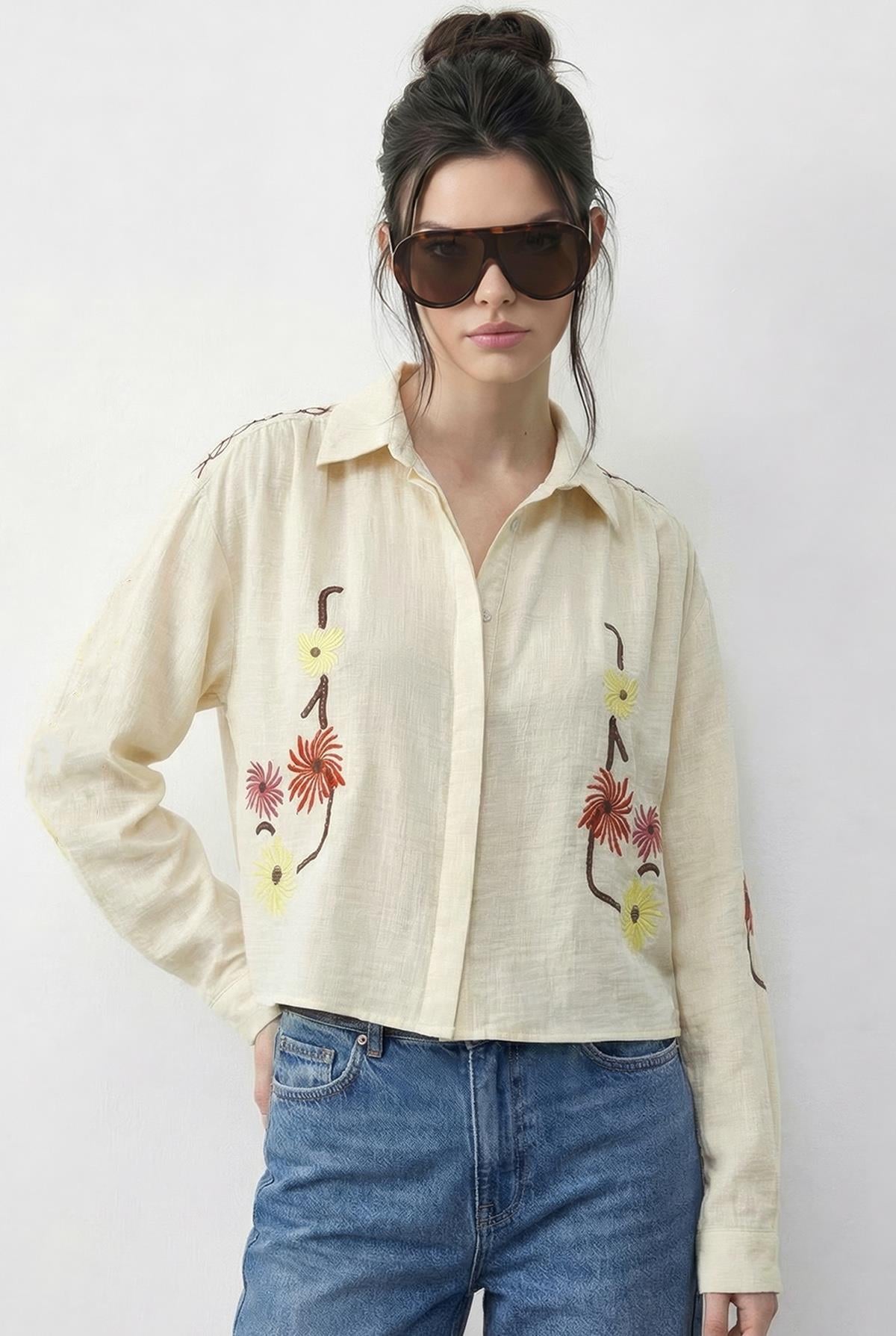Women's Embroidered Relaxed Muslin Shirt 71739 60286026 - Butter