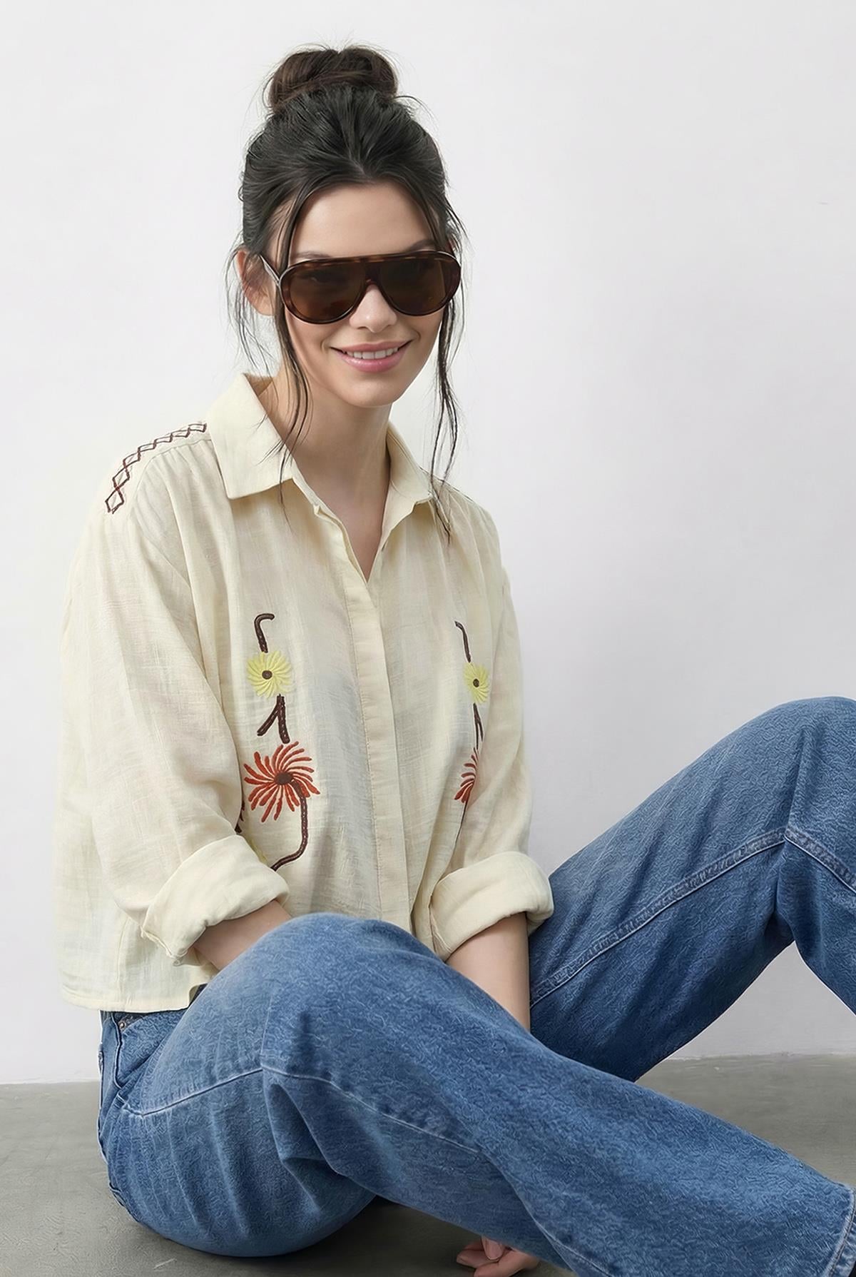 Women's Embroidered Relaxed Muslin Shirt 71739 60286026 - Butter