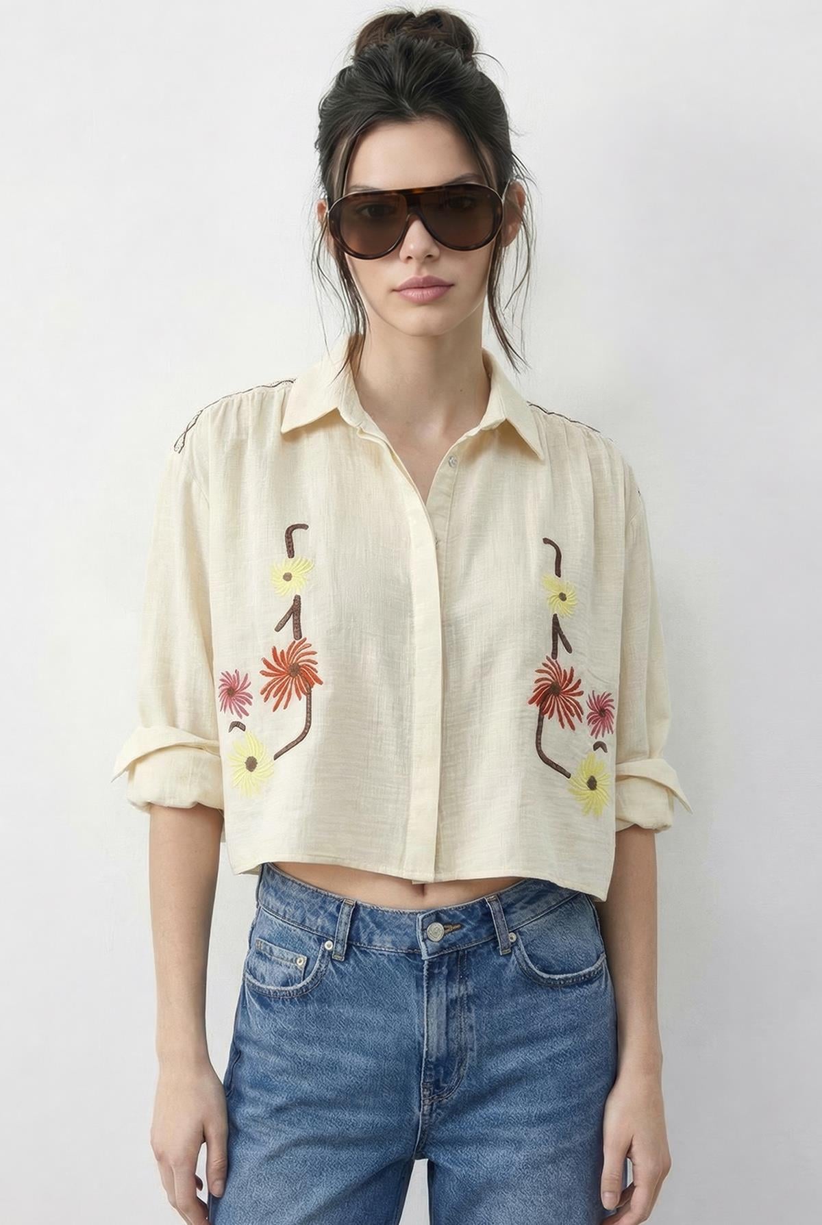 Women's Embroidered Relaxed Muslin Shirt 71739 60286026 - Butter