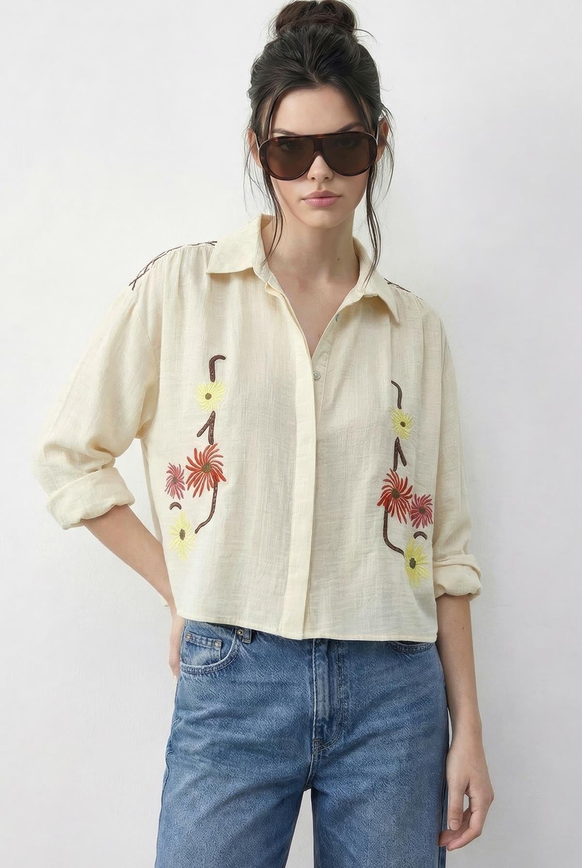 Women's Embroidered Relaxed Muslin Shirt 71739 60286026 - Butter