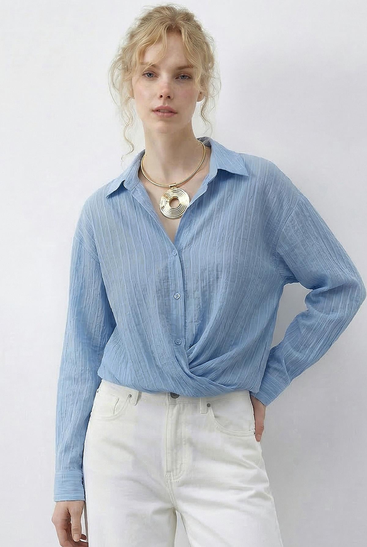 Women's Loose-Fitting Striped Shirt with Gathered Front Detail 191 60286021 - Baby Blue