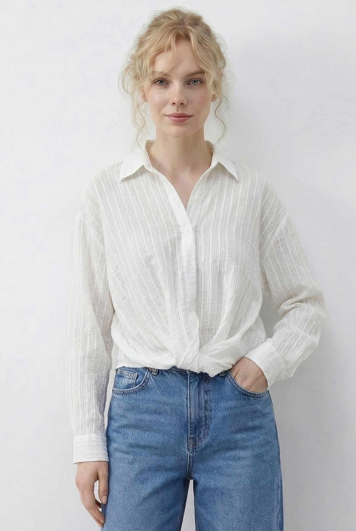 Women's Loose-Fitting Striped Shirt with Gathered Front Detail 191 60286021 - White