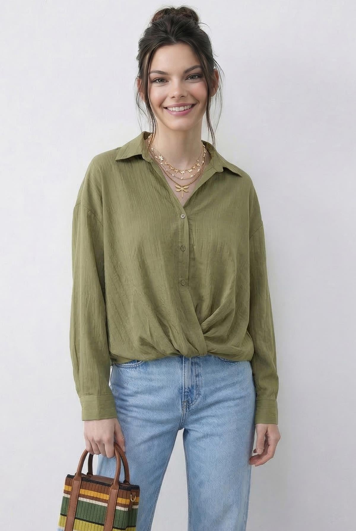 Women's Loose-Fitting Striped Shirt with Gathered Front Detail 191 60286021 - Pistachio Green