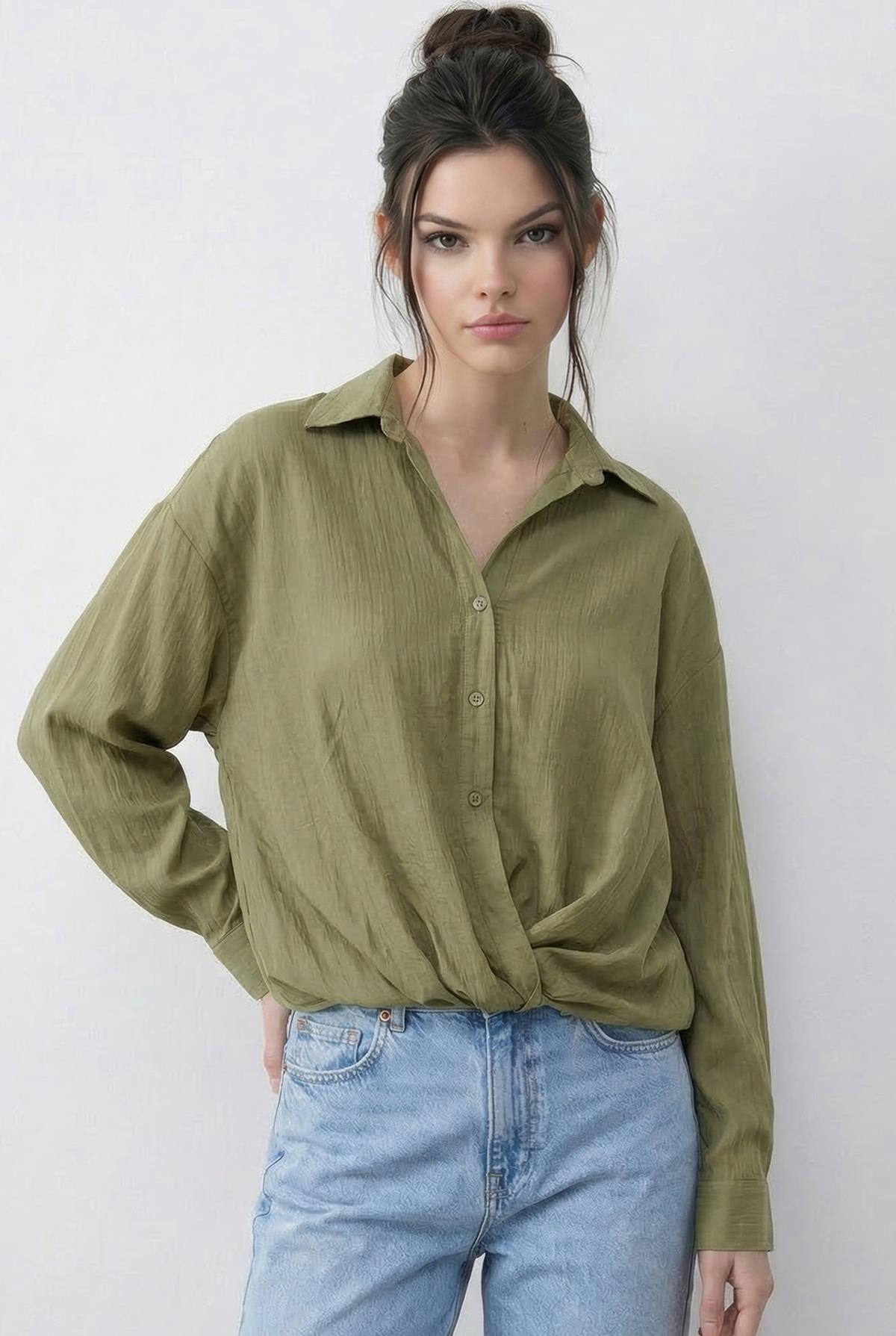 Women's Loose-Fitting Striped Shirt with Gathered Front Detail 191 60286021 - Pistachio Green