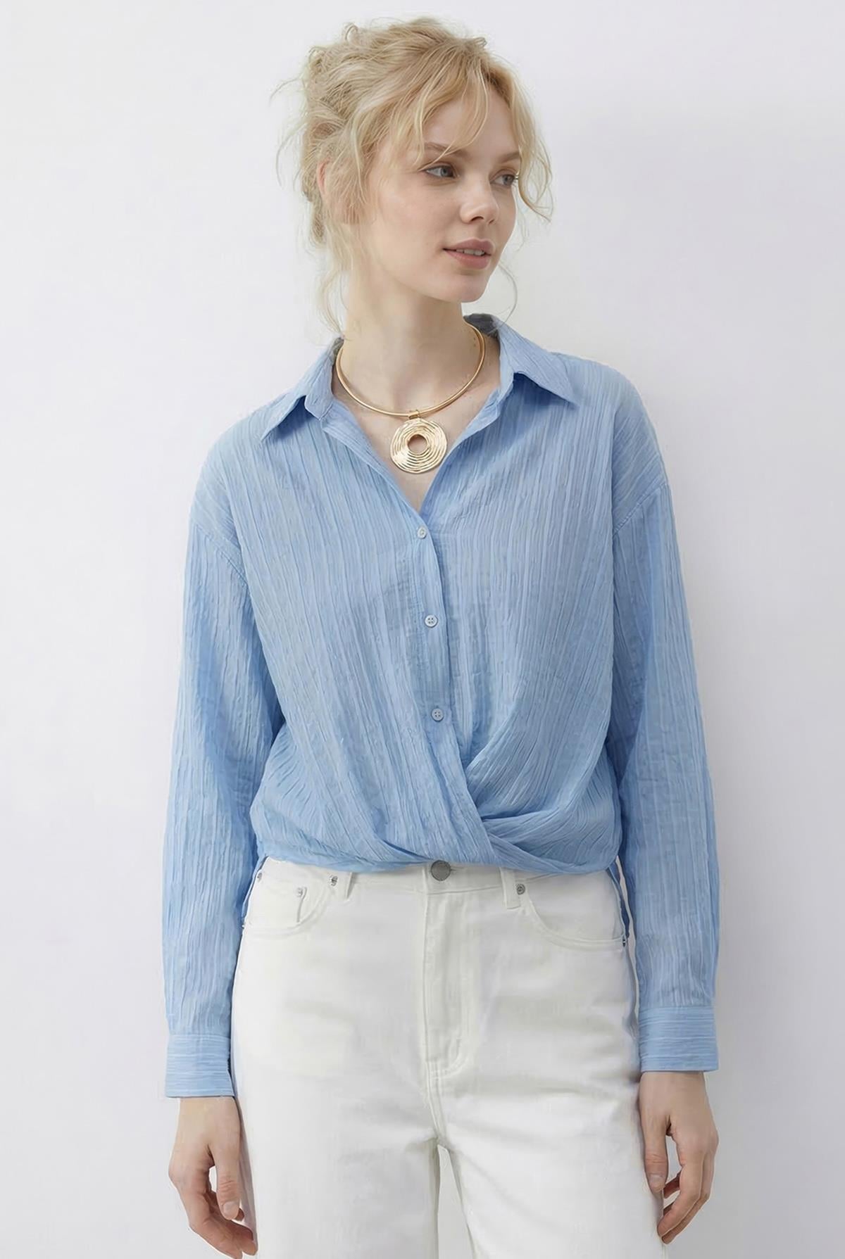 Women's Loose-Fitting Striped Shirt with Gathered Front Detail 191 60286021 - Baby Blue