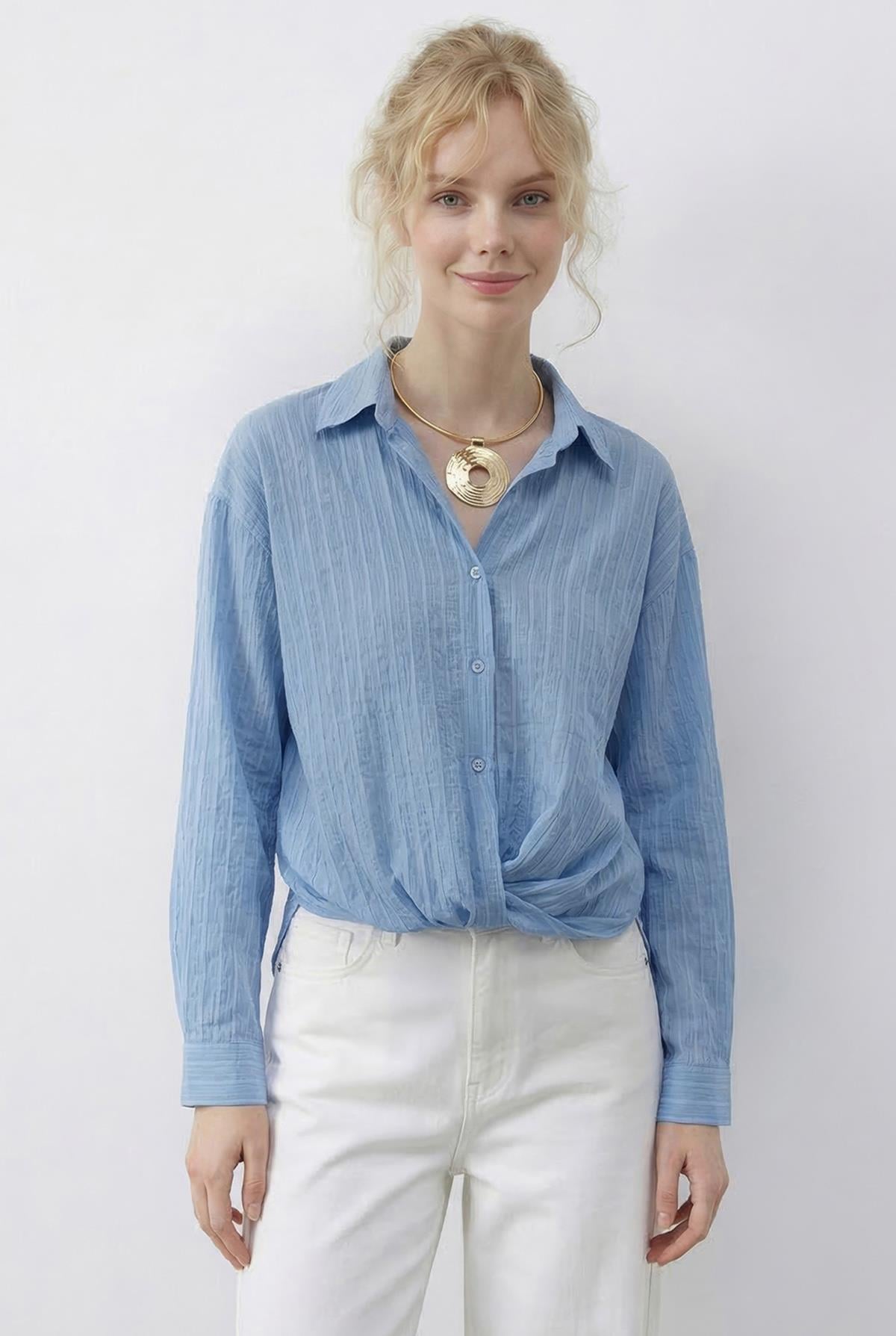 Women's Loose-Fitting Striped Shirt with Gathered Front Detail 191 60286021 - Baby Blue