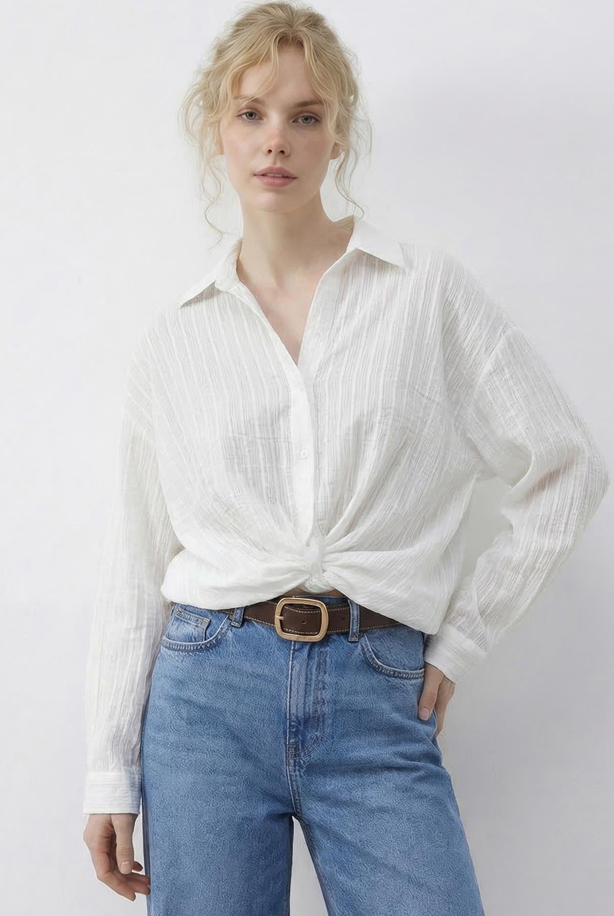 Women's Loose-Fitting Striped Shirt with Gathered Front Detail 191 60286021 - White