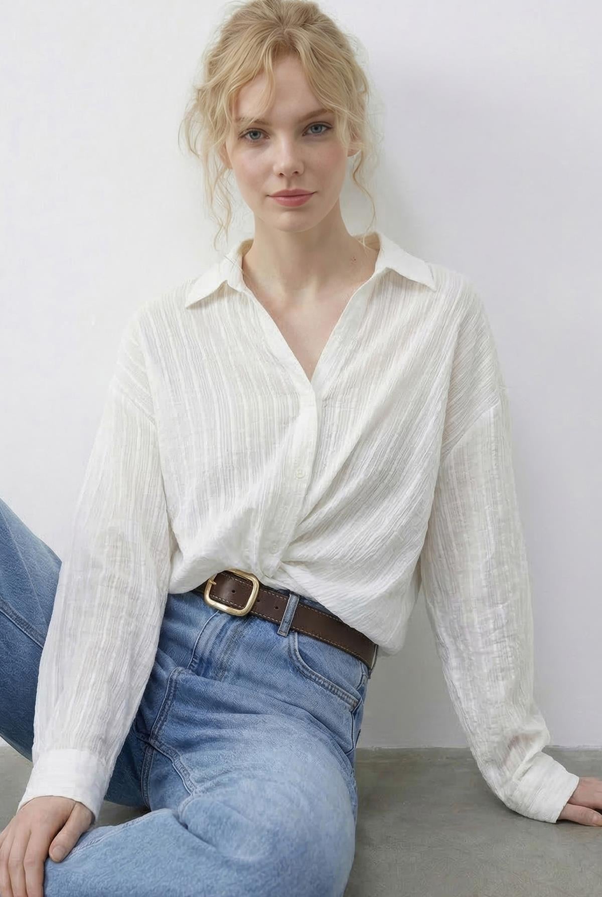 Women's Loose-Fitting Striped Shirt with Gathered Front Detail 191 60286021 - White