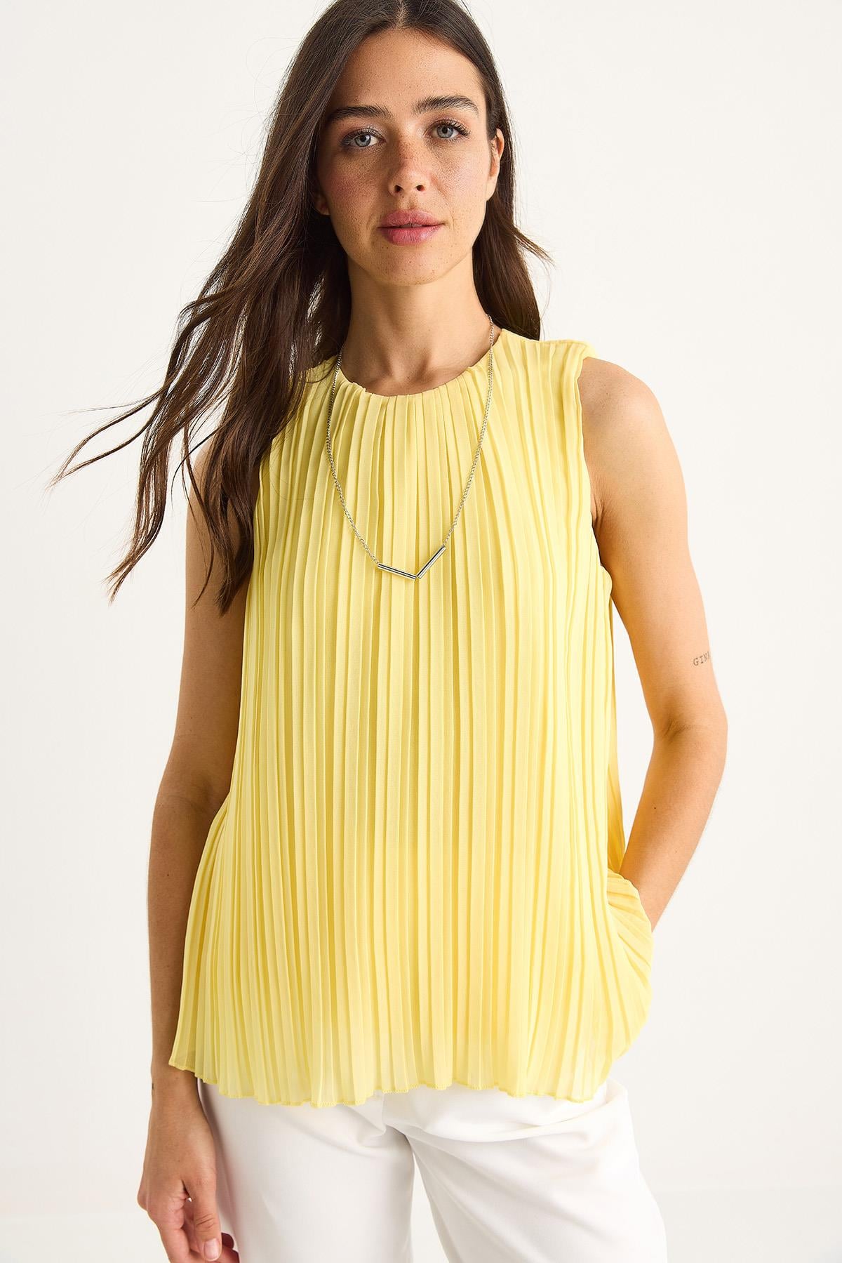 Women's Pleated Blouse with Metal Necklace Accessory, Lined, Thick Straps 60251273 - Lemon Yellow