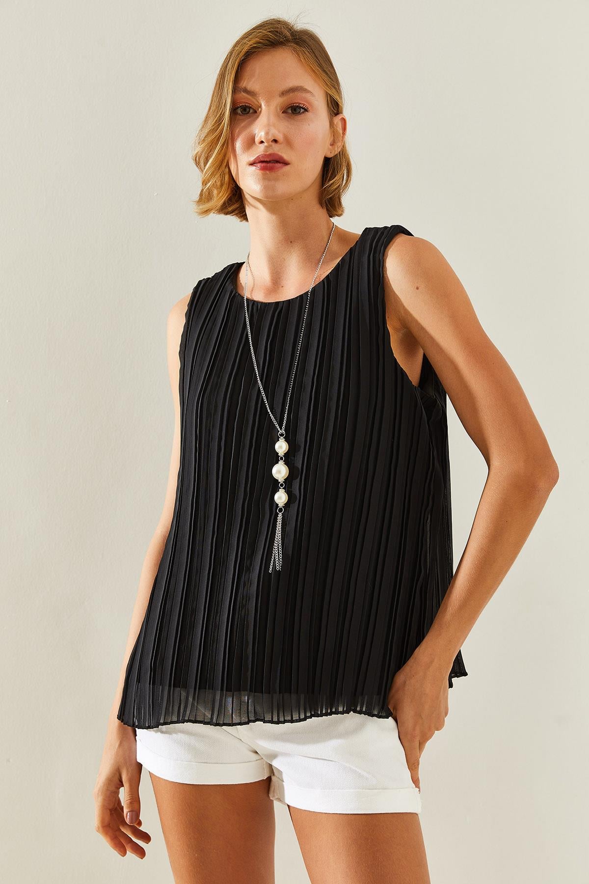 Women's Pleated Blouse with Metal Necklace Accessory, Lined, Thick Straps 60251273 - Black