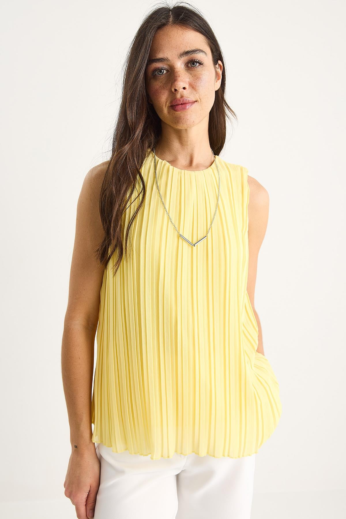 Women's Pleated Blouse with Metal Necklace Accessory, Lined, Thick Straps 60251273 - Lemon Yellow