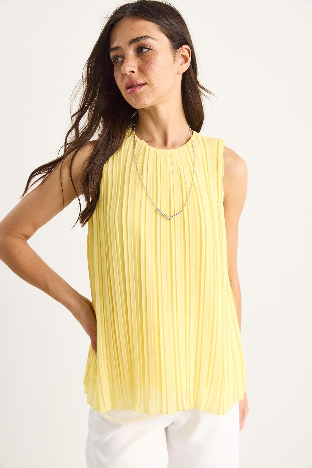Women's Pleated Blouse with Metal Necklace Accessory, Lined, Thick Straps 60251273 - Lemon Yellow