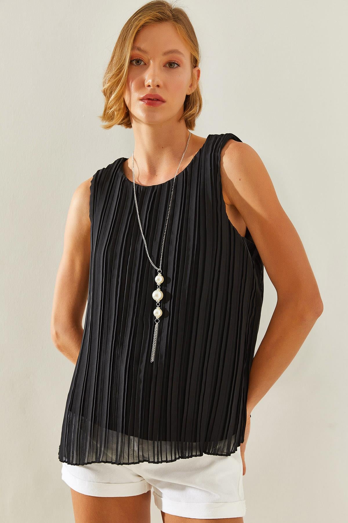 Women's Pleated Blouse with Metal Necklace Accessory, Lined, Thick Straps 60251273 - Black