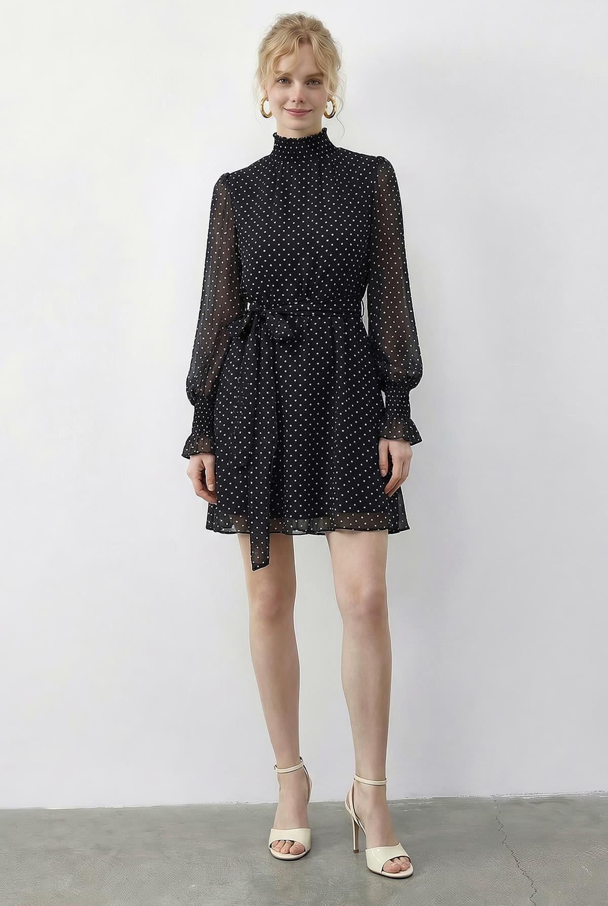 Women's Polka Dot Mini Dress with Sleeve Detail, Belt, and Lining 0986 60286031 - Black