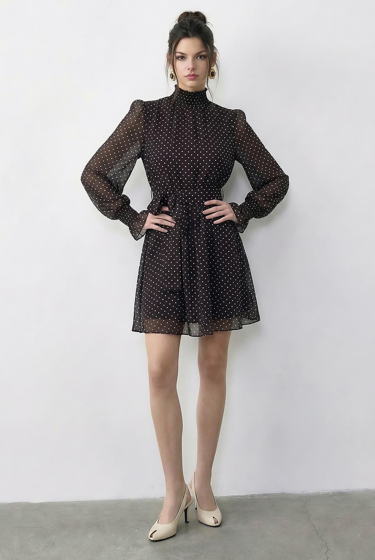 Women's Polka Dot Mini Dress with Gipel Sleeve Detail, Belted, Lined 0986 60286031 - Dark Brown