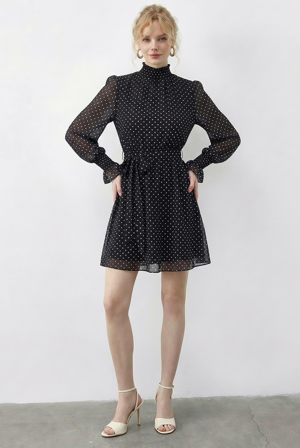 Women's Polka Dot Mini Dress with Sleeve Detail, Belt, and Lining 0986 60286031 - Black