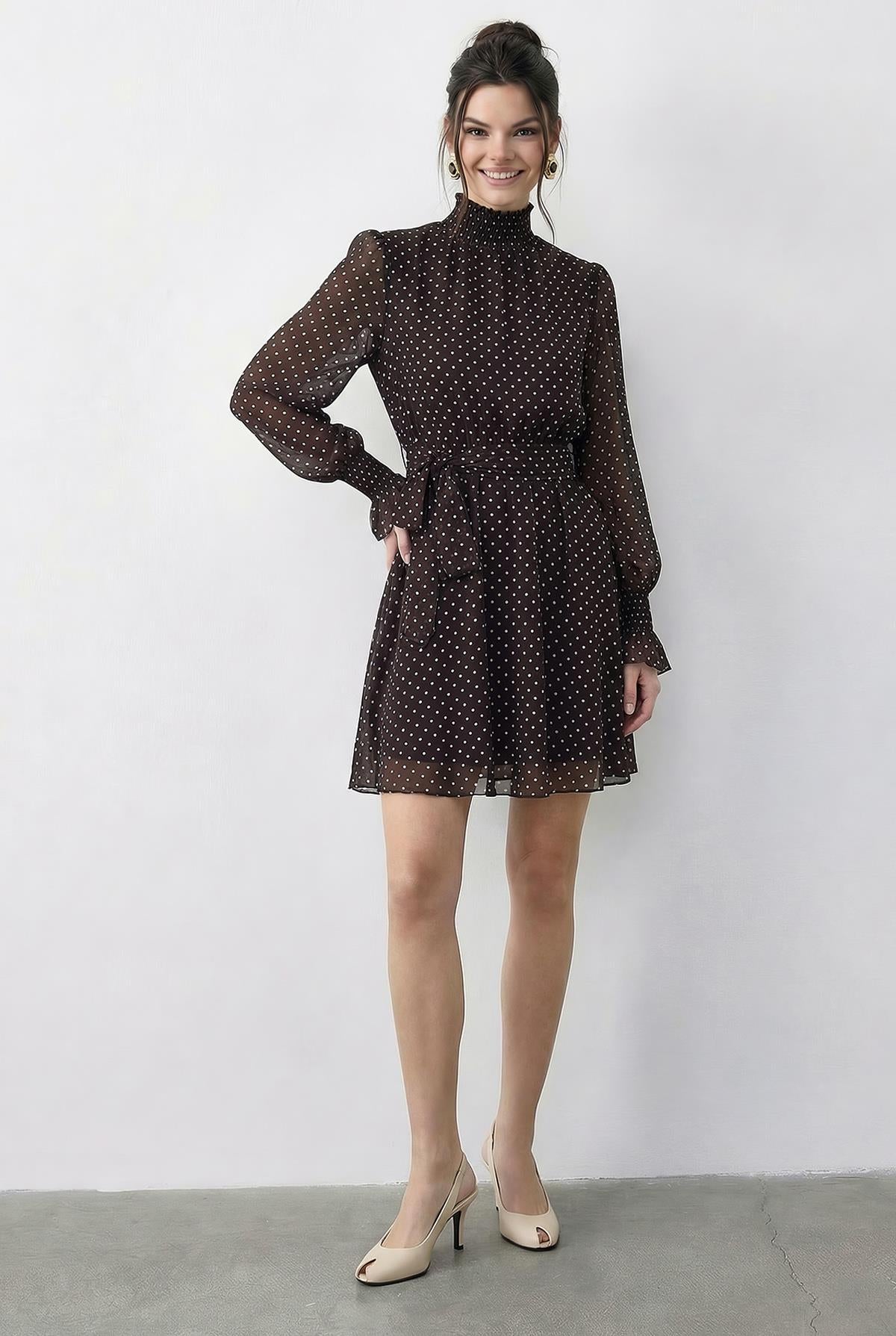 Women's Polka Dot Mini Dress with Gipel Sleeve Detail, Belted, Lined 0986 60286031 - Dark Brown