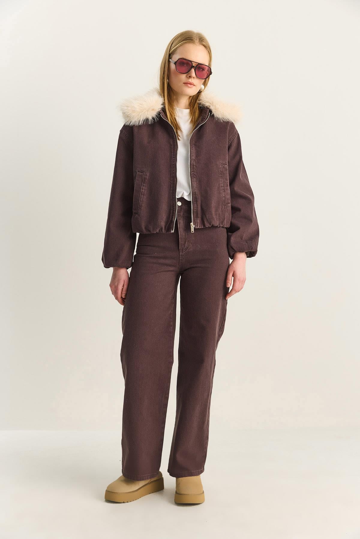 Women's Detachable Faux Fur Collar Lined Denim Bomber Jacket and Pants Set with Pocket Details 6058 60283898 - Coffee