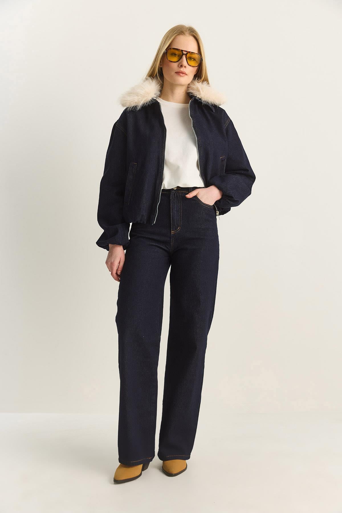 Women's Detachable Faux Fur Collar Lined Denim Bomber Jacket and Pants Set with Pocket Details 6058 60283898 - Navy Blue