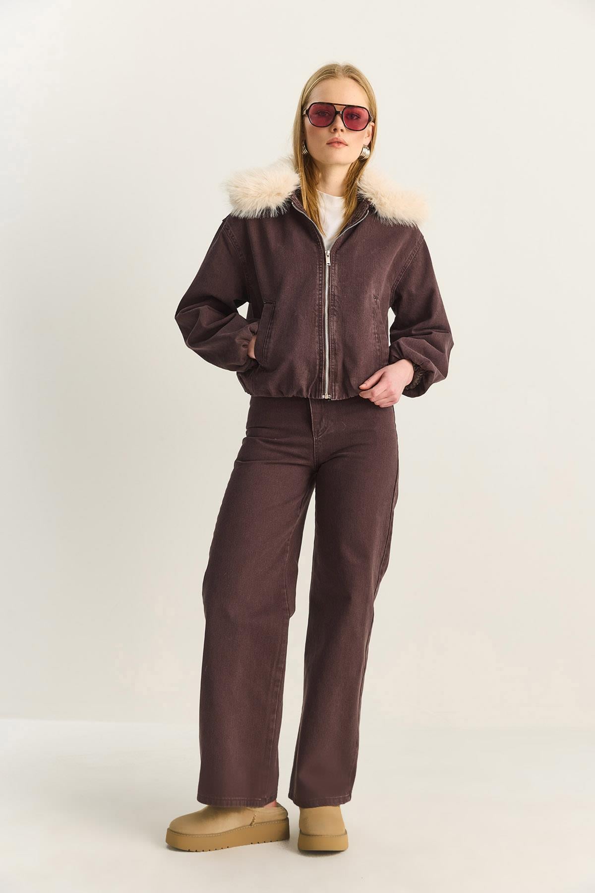 Women's Detachable Faux Fur Collar Lined Denim Bomber Jacket and Pants Set with Pocket Details 6058 60283898 - Coffee