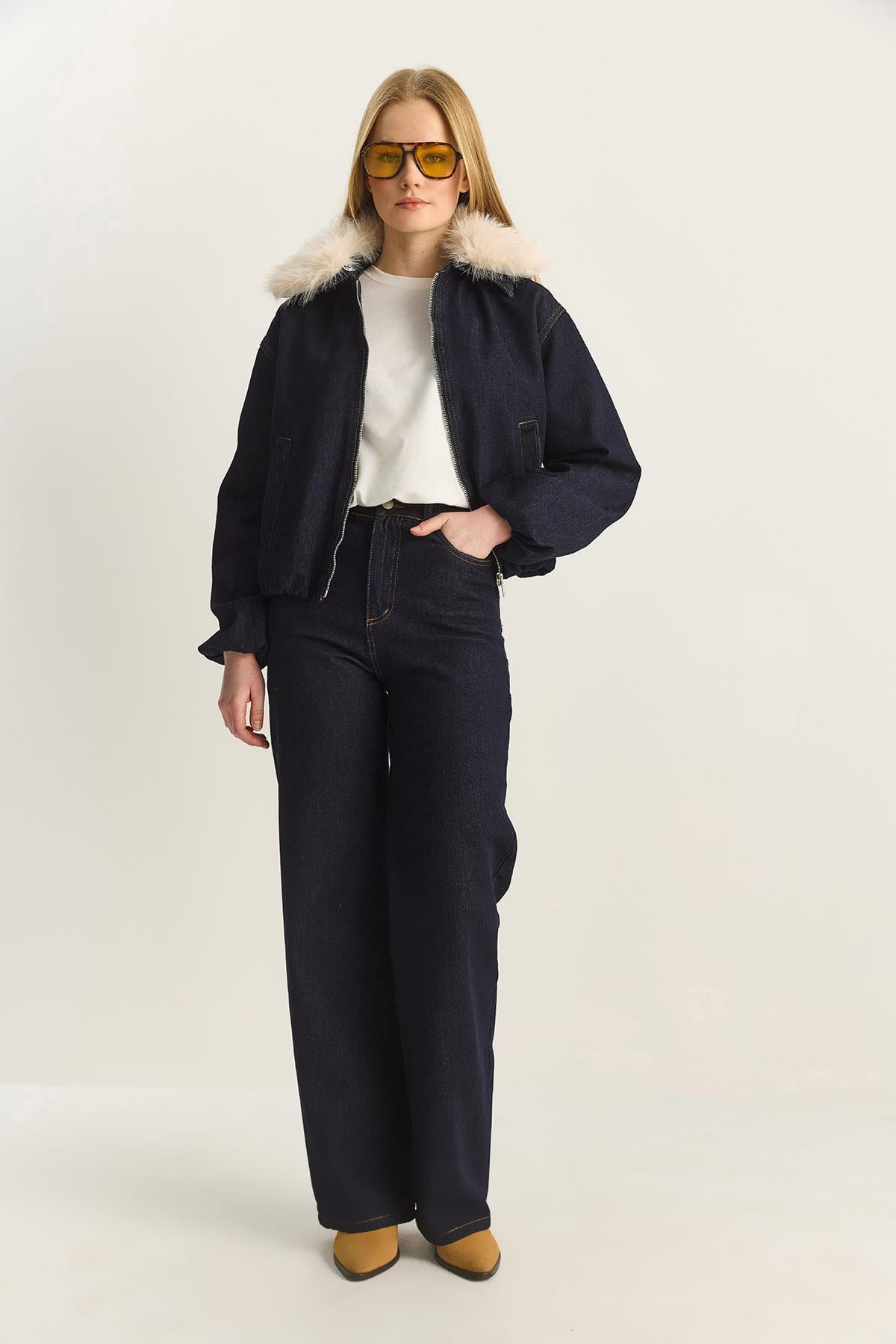 Women's Detachable Faux Fur Collar Lined Denim Bomber Jacket and Pants Set with Pocket Details 6058 60283898 - Navy Blue