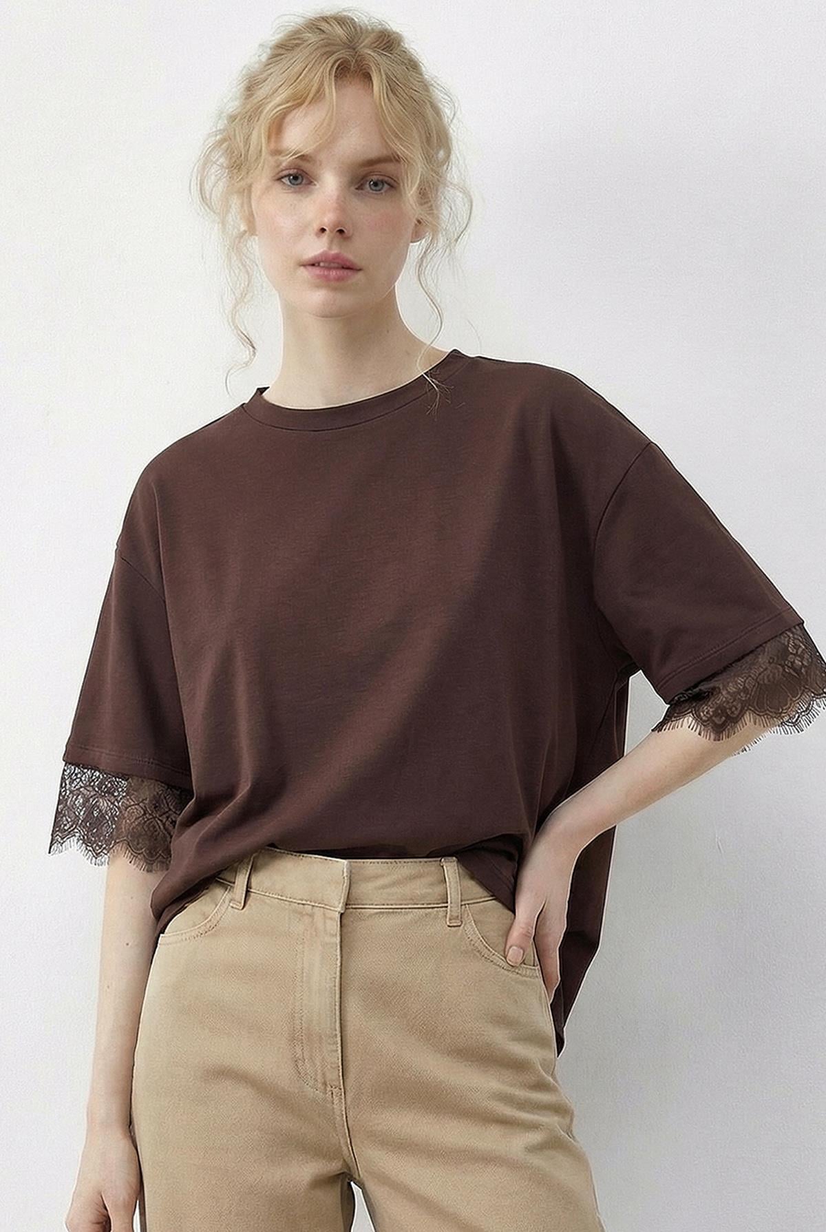 Women's Back Detail Lace Trimmed T-Shirt 1073 60286023 - Dark Brown
