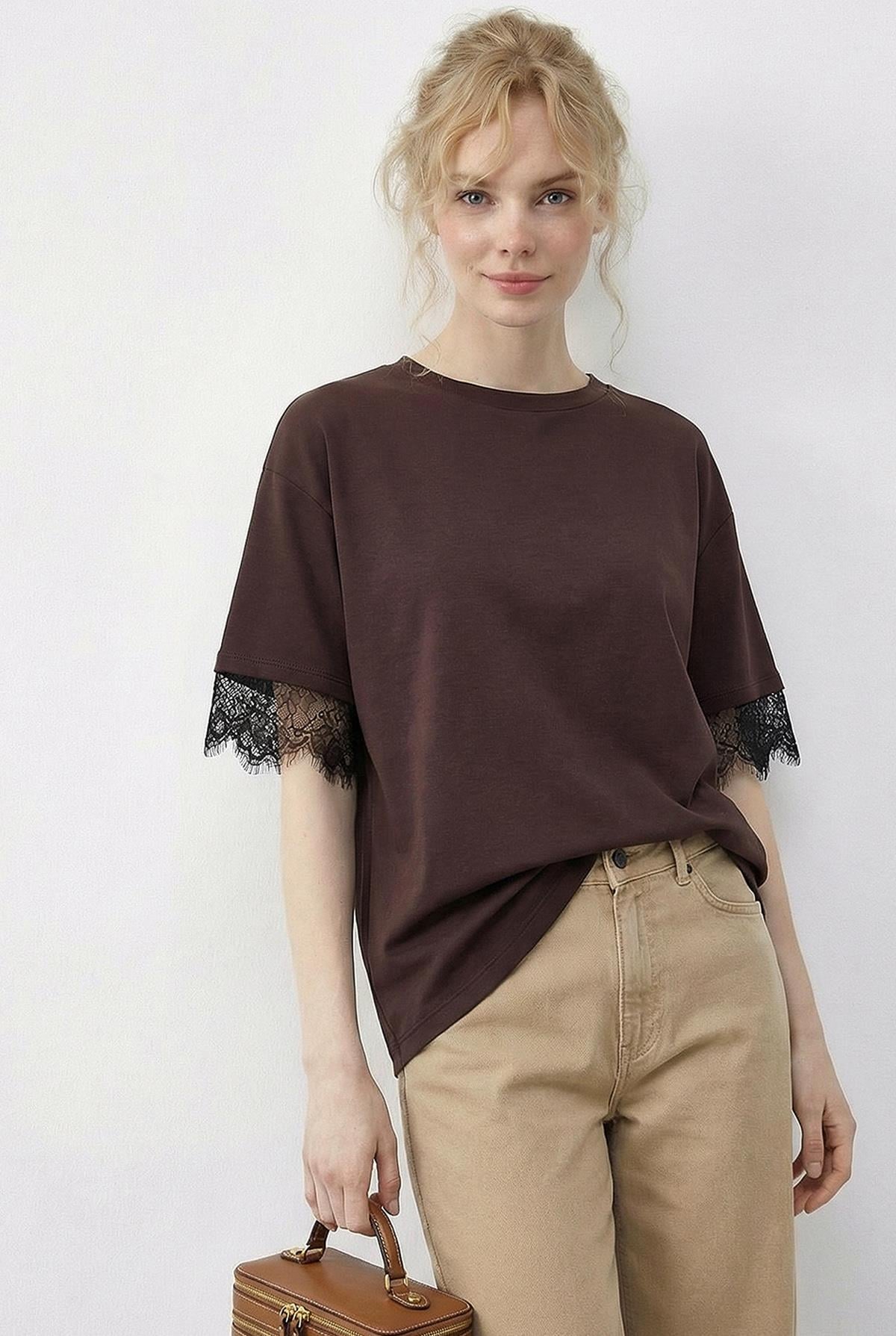 Women's Back Detail Lace Trimmed T-Shirt 1073 60286023 - Dark Brown