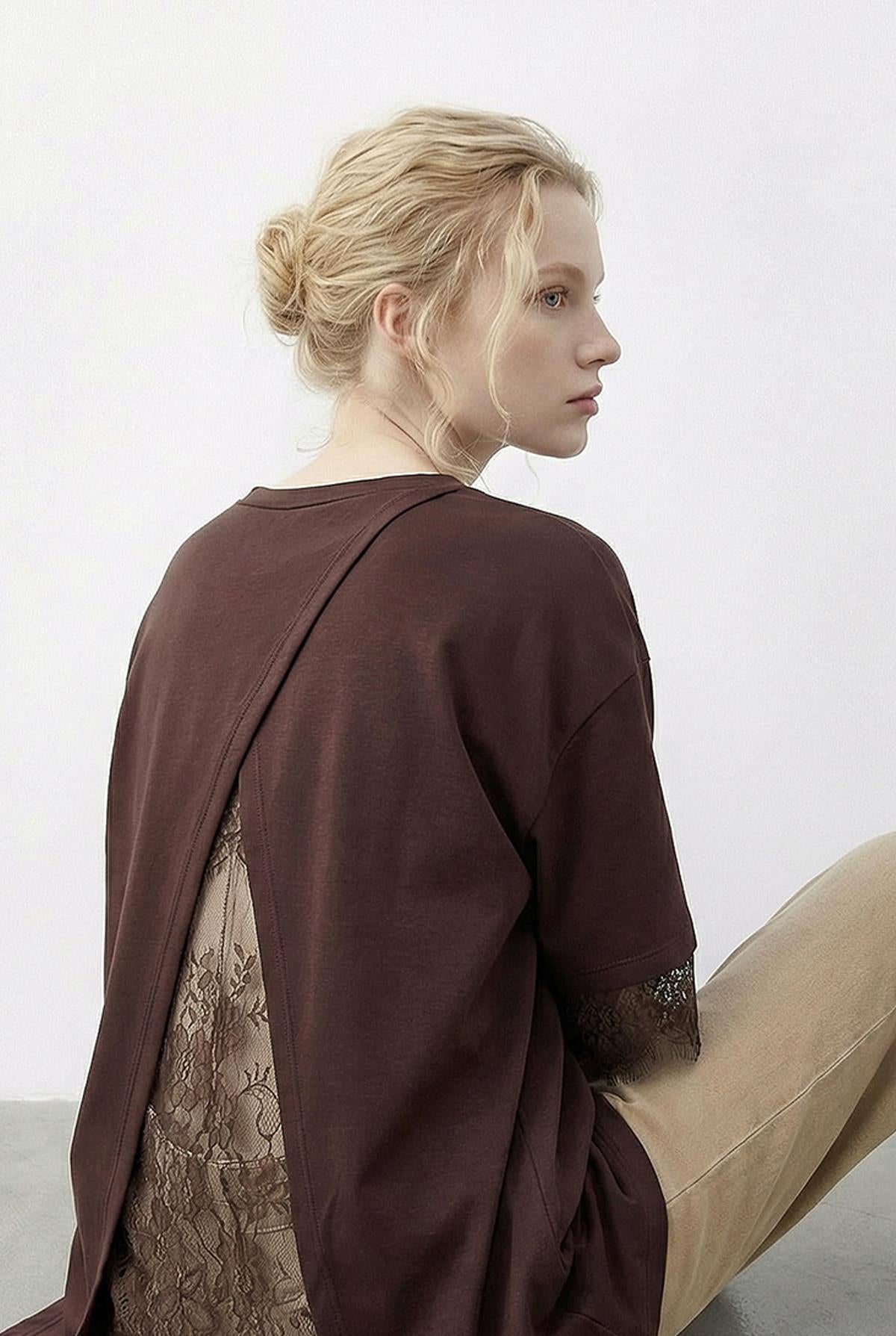 Women's Back Detail Lace Trimmed T-Shirt 1073 60286023 - Dark Brown