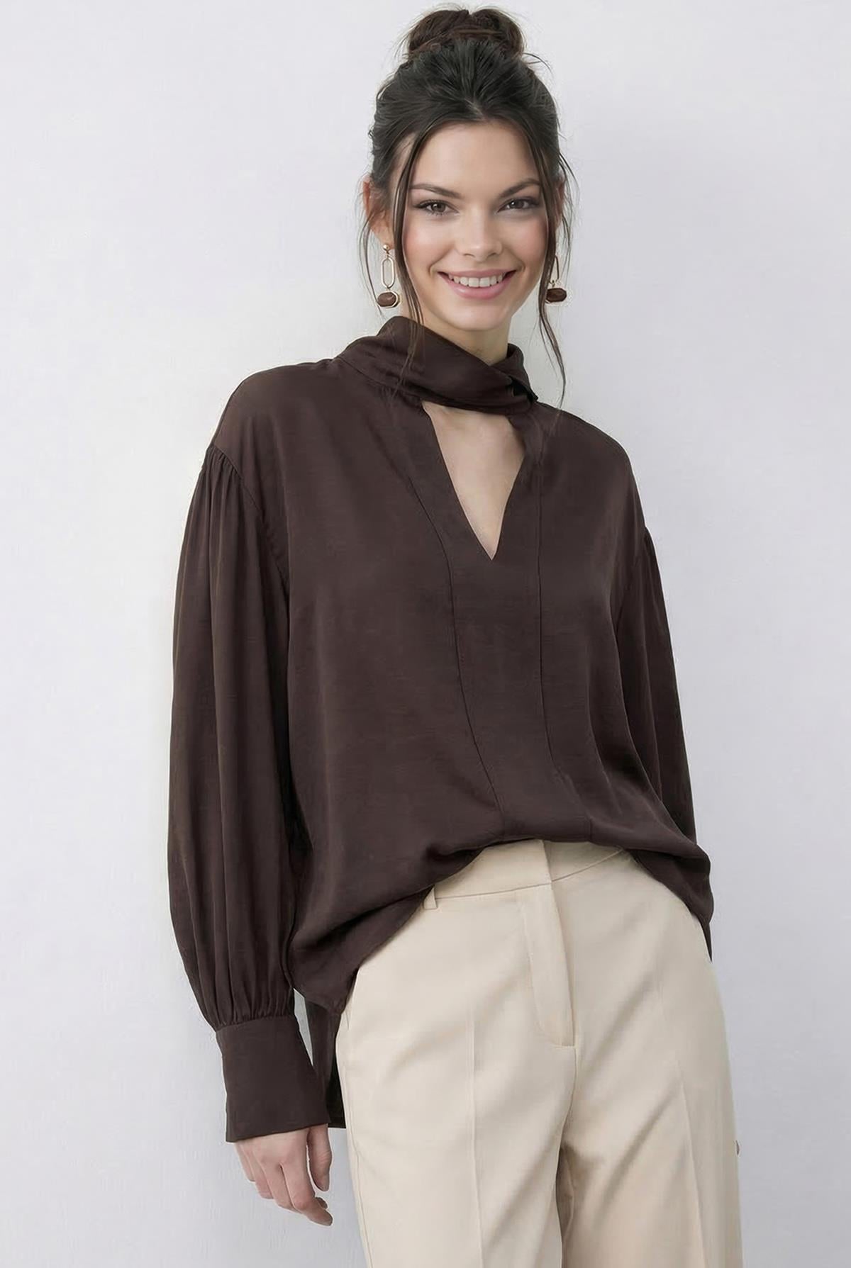 Women's Blouse with Neckline Detail 8101 60286018 - Brown