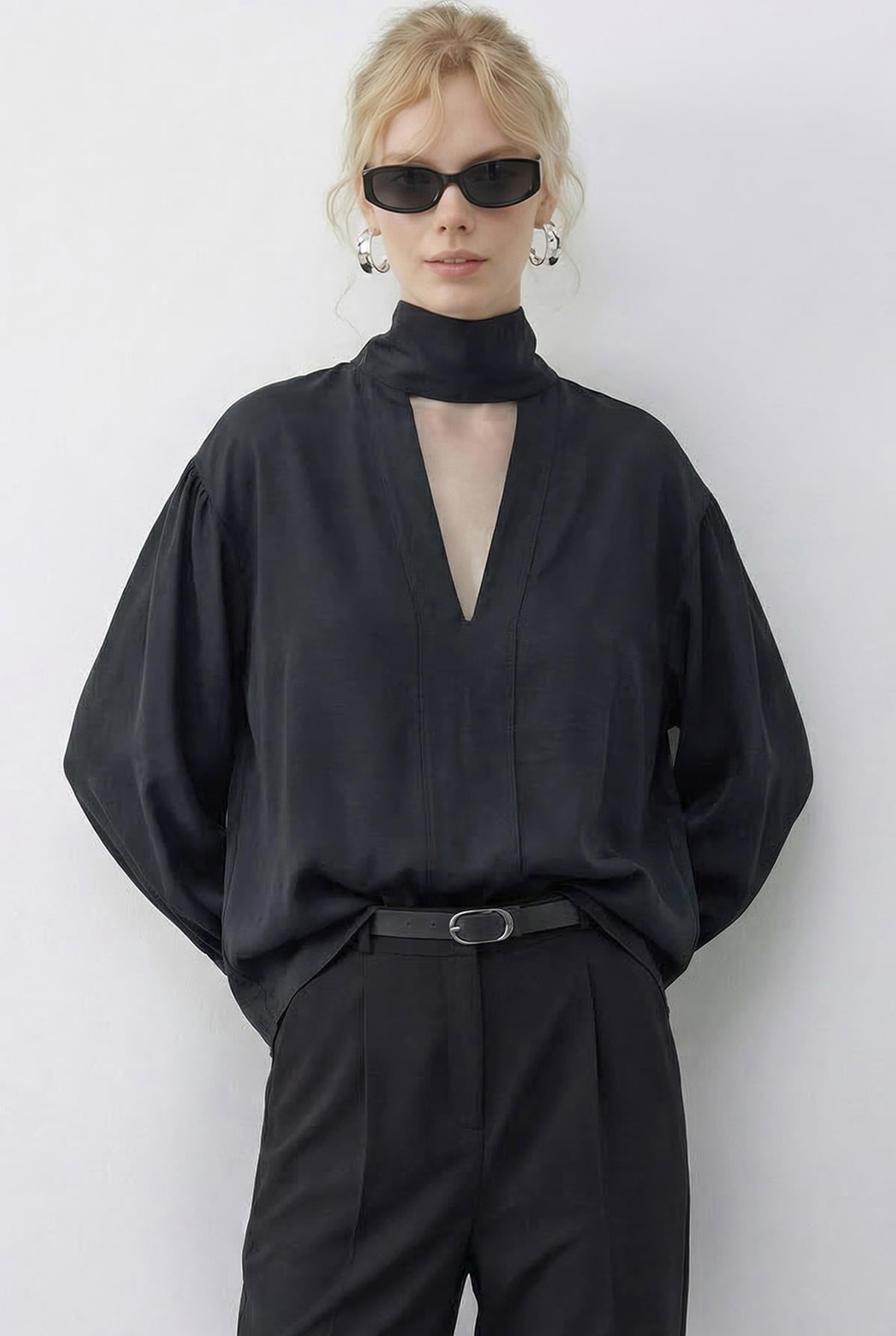 Women's Blouse with Neckline Tie Detail 8101 60286018 - Anthracite