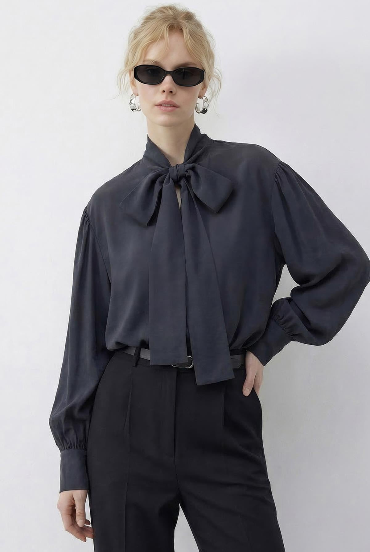 Women's Blouse with Neckline Tie Detail 8101 60286018 - Anthracite