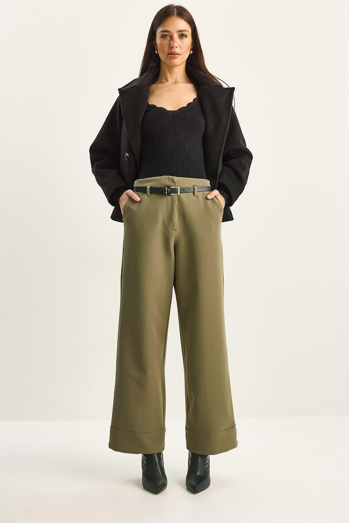 Women's High Waist Belted Trousers with Pocket Detail and Rolled Hem 0309 60283790 - Khaki