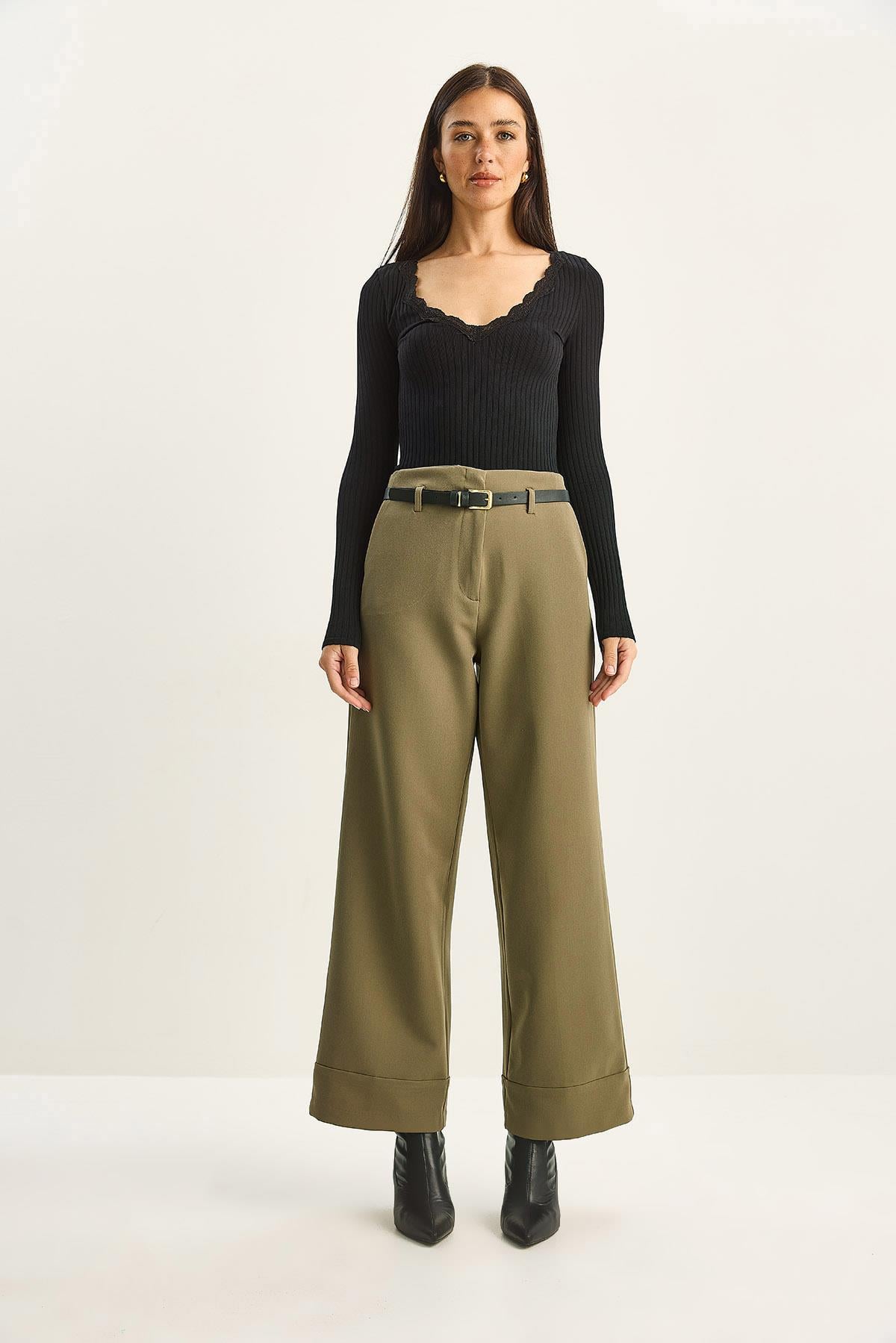Women's High Waist Belted Trousers with Pocket Detail and Rolled Hem 0309 60283790 - Khaki