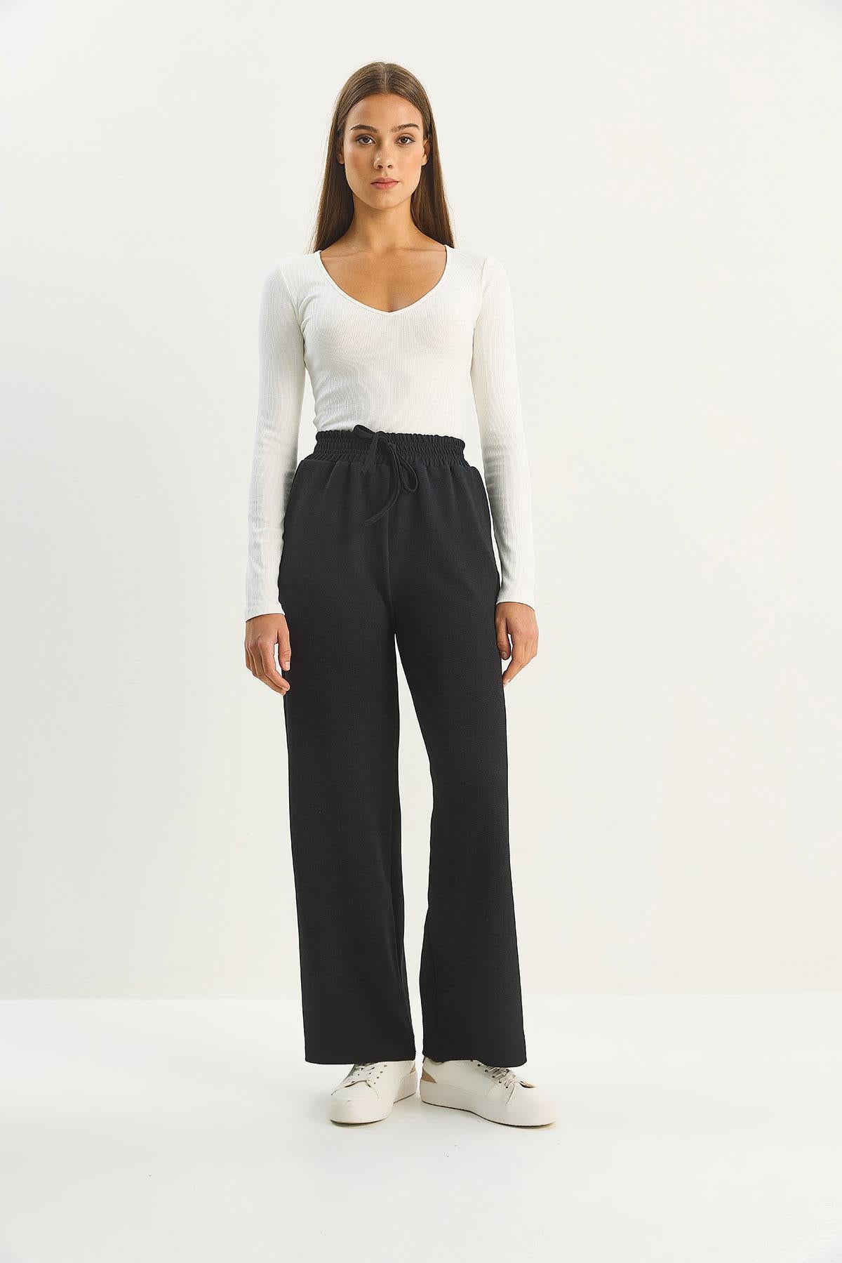 Women's High Waist Elasticated Drawstring Loose Wide Leg Trousers 1006 60283579 - Black