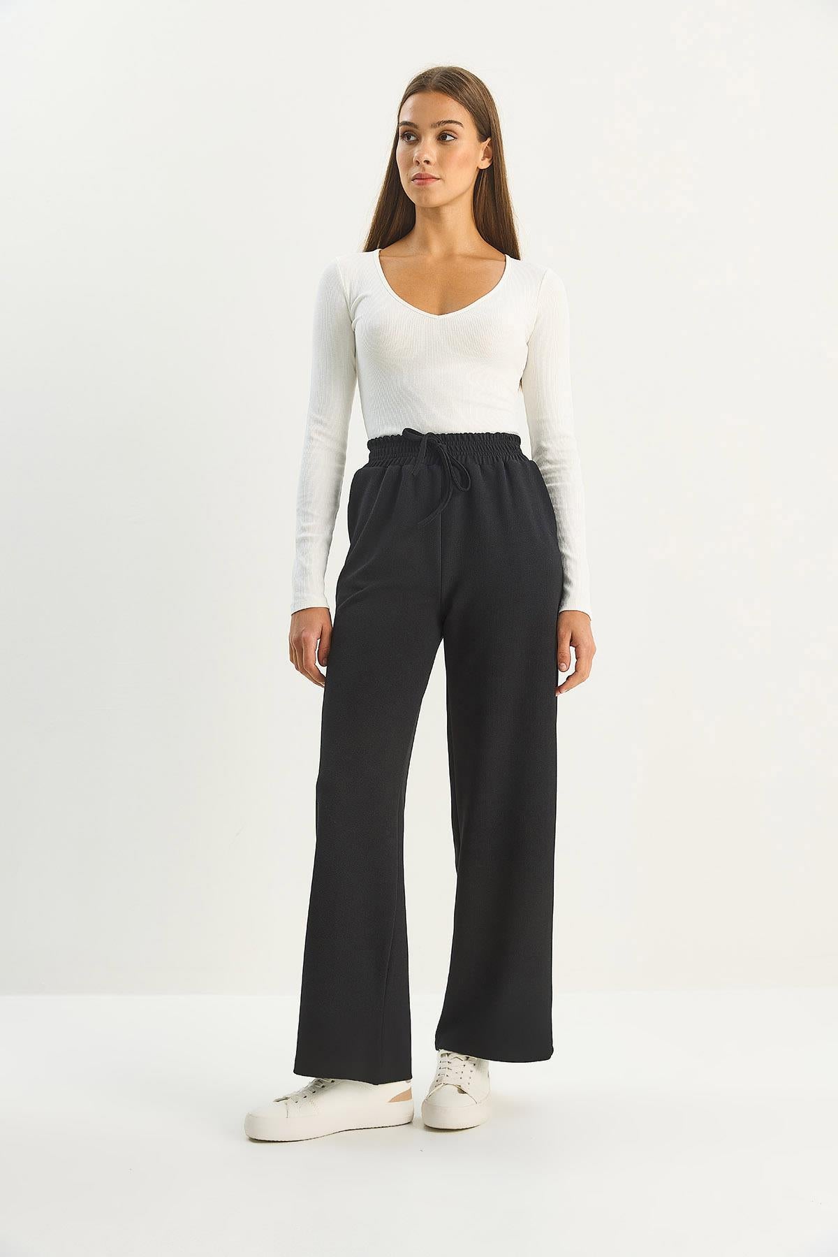 Women's High Waist Elasticated Drawstring Loose Wide Leg Trousers 1006 60283579 - Black