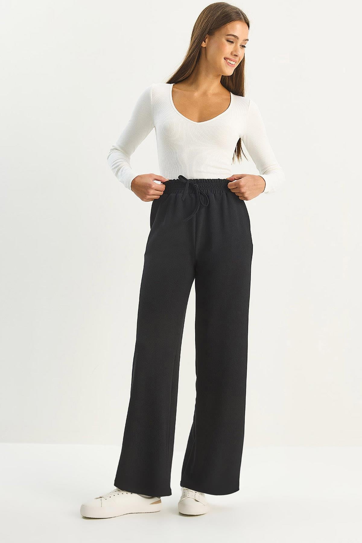 Women's High Waist Elasticated Drawstring Loose Wide Leg Trousers 1006 60283579 - Black