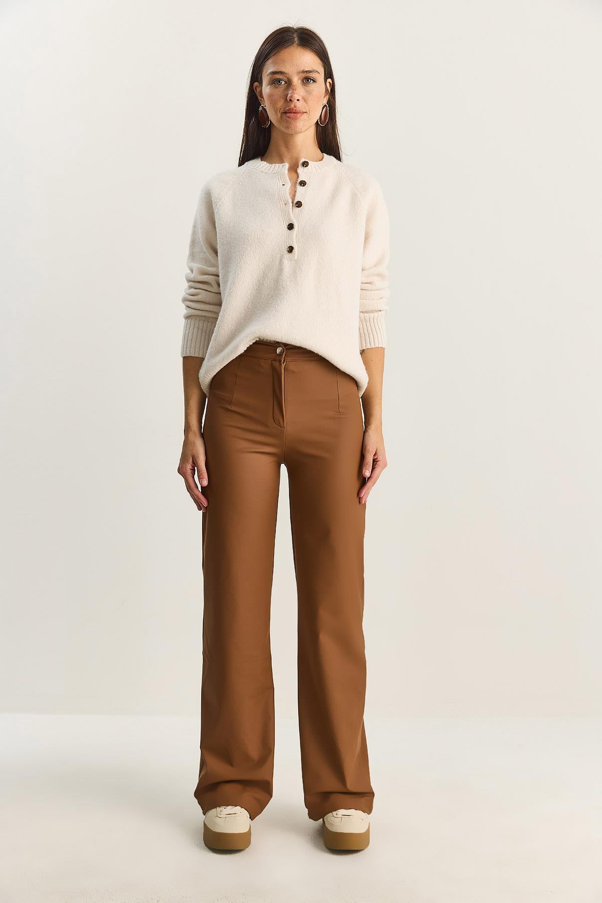 Women's High Waist Matte Faux Leather Palazzo Pants 2035 60282039 - Camel