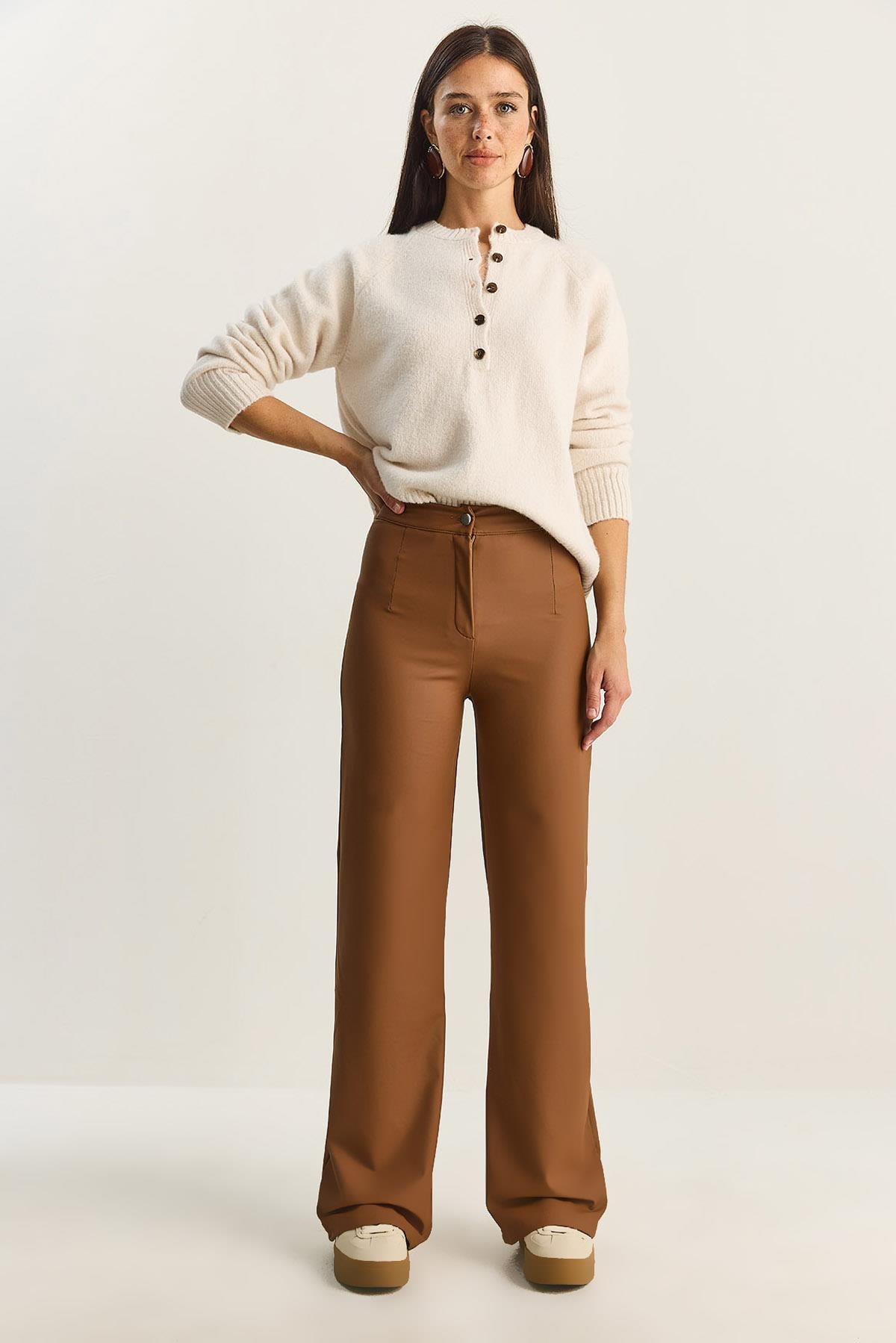 Women's High Waist Matte Faux Leather Palazzo Pants 2035 60282039 - Camel
