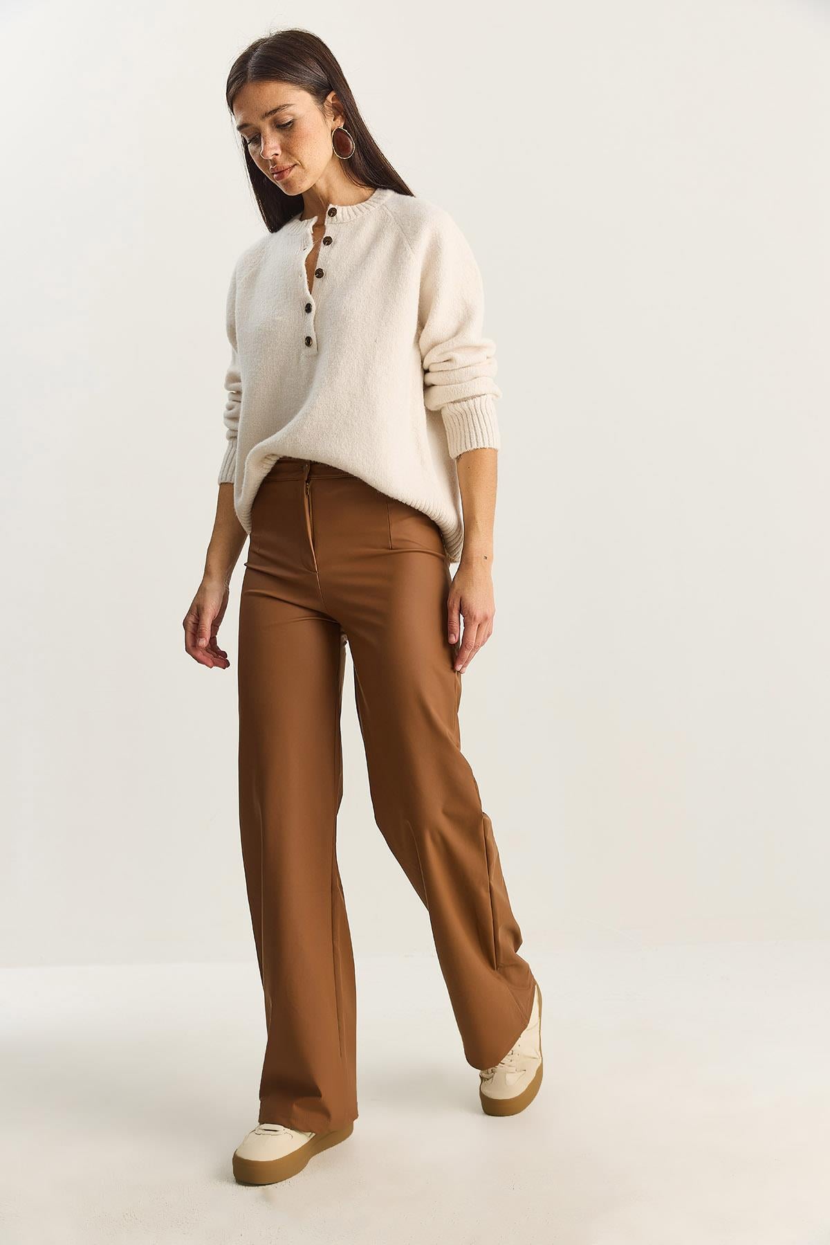 Women's High Waist Matte Faux Leather Palazzo Pants 2035 60282039 - Camel